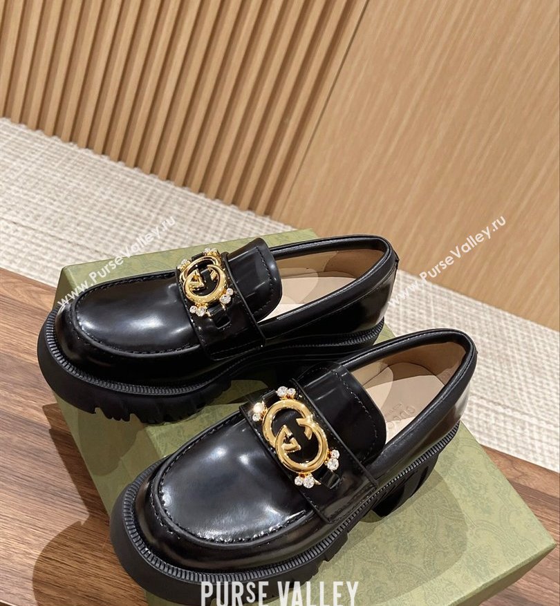 Gucci Interlocking G and Crystal lug sole loafers Black 2024 (kaola-24031112)