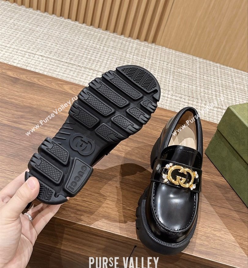 Gucci Interlocking G and Crystal lug sole loafers Black 2024 (kaola-24031112)