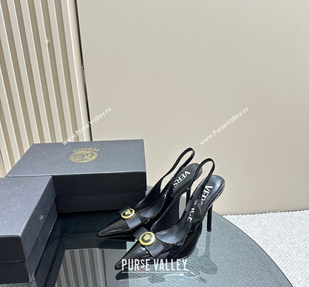 Versace Heel 10.5cm Gianni Ribbon High Slingback Pumps Patent Black 2024 (SS-24031108)