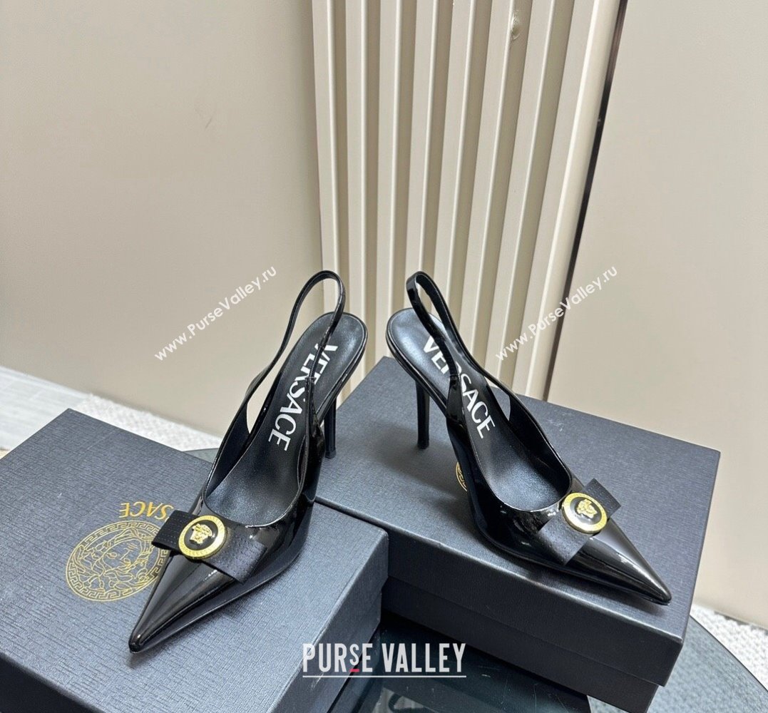 Versace Heel 10.5cm Gianni Ribbon High Slingback Pumps Patent Black 2024 (SS-24031108)