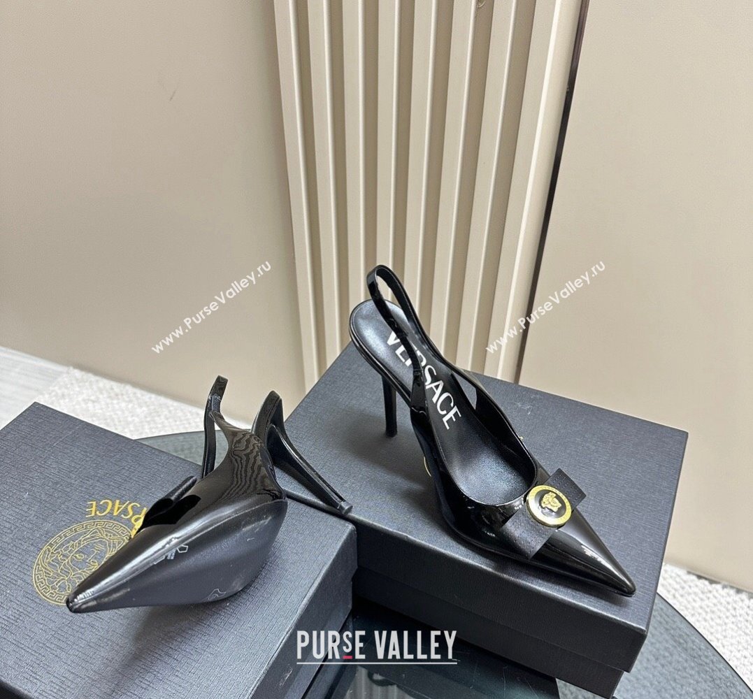 Versace Heel 10.5cm Gianni Ribbon High Slingback Pumps Patent Black 2024 (SS-24031108)