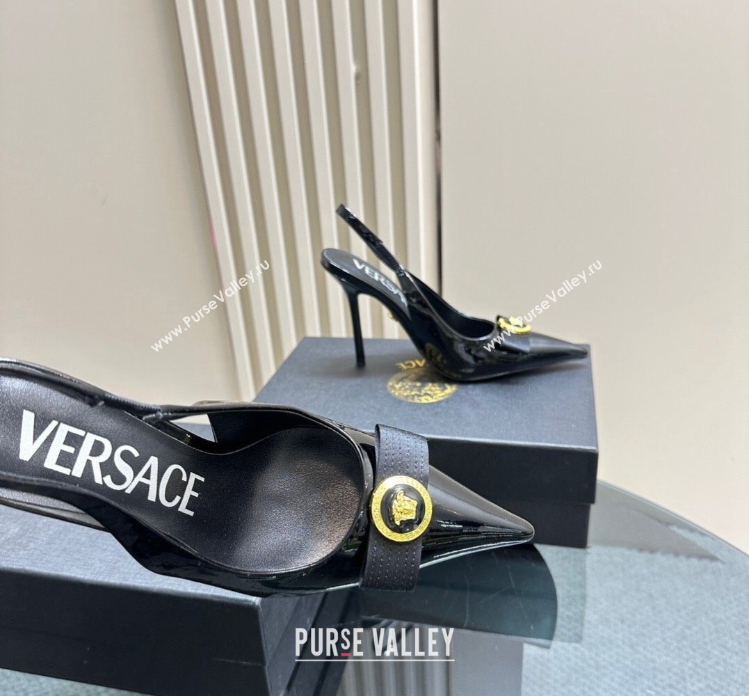 Versace Heel 10.5cm Gianni Ribbon High Slingback Pumps Patent Black 2024 (SS-24031108)