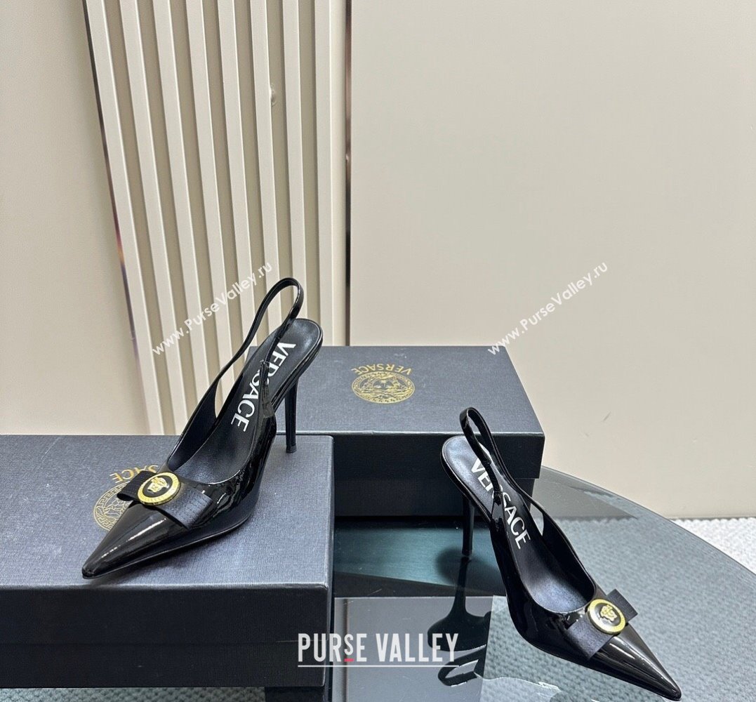 Versace Heel 10.5cm Gianni Ribbon High Slingback Pumps Patent Black 2024 (SS-24031108)