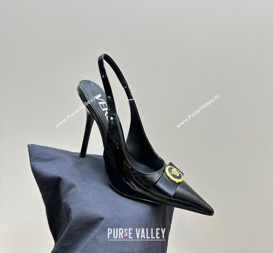 Versace Heel 10.5cm Gianni Ribbon High Slingback Pumps Patent Black 2024 (SS-24031108)