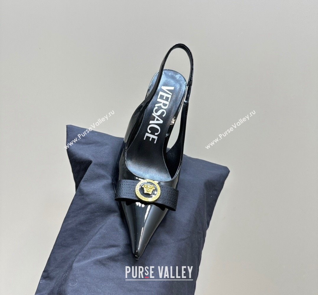 Versace Heel 10.5cm Gianni Ribbon High Slingback Pumps Patent Black 2024 (SS-24031108)