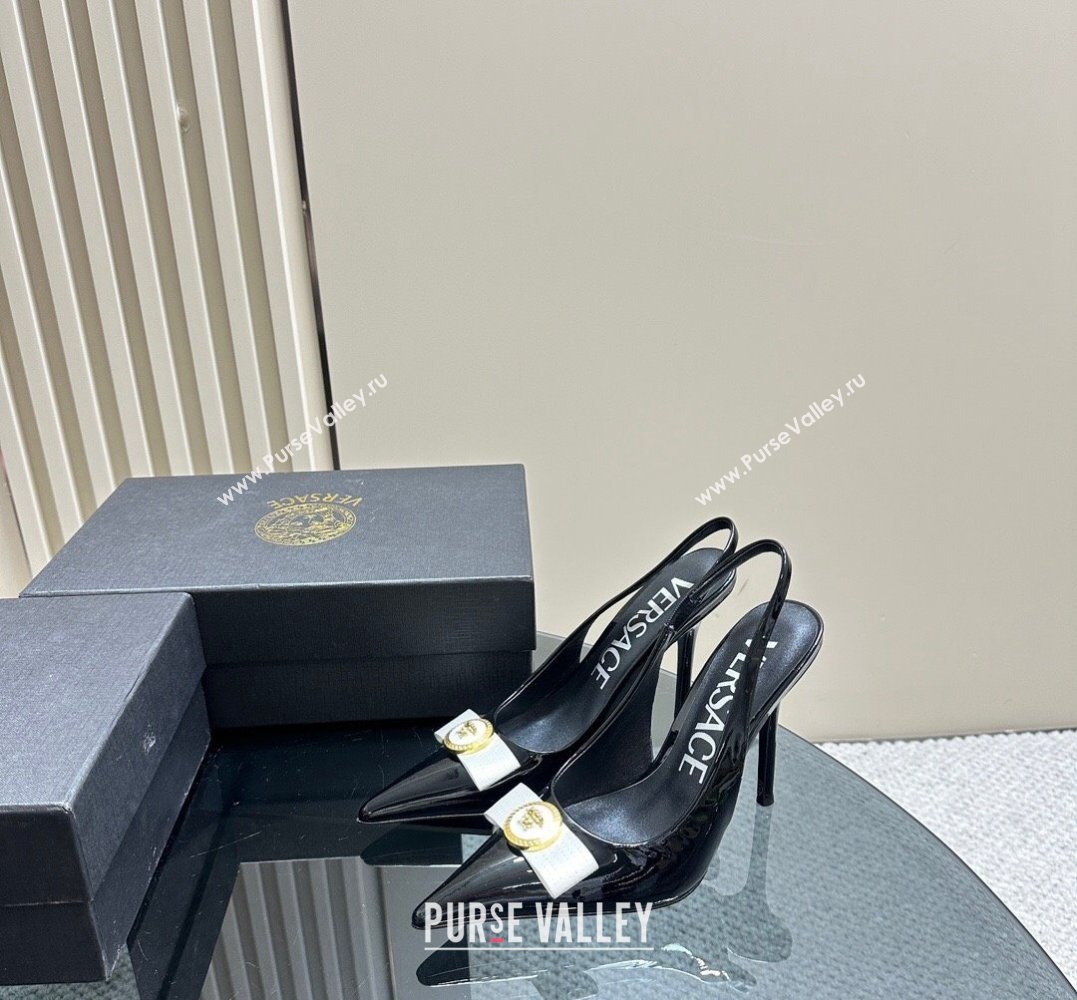 Versace Heel 10.5cm Gianni Ribbon High Slingback Pumps Patent Black/White 2024 (SS-24031109)