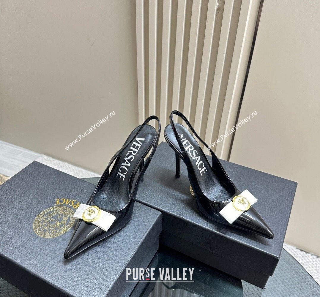 Versace Heel 10.5cm Gianni Ribbon High Slingback Pumps Patent Black/White 2024 (SS-24031109)