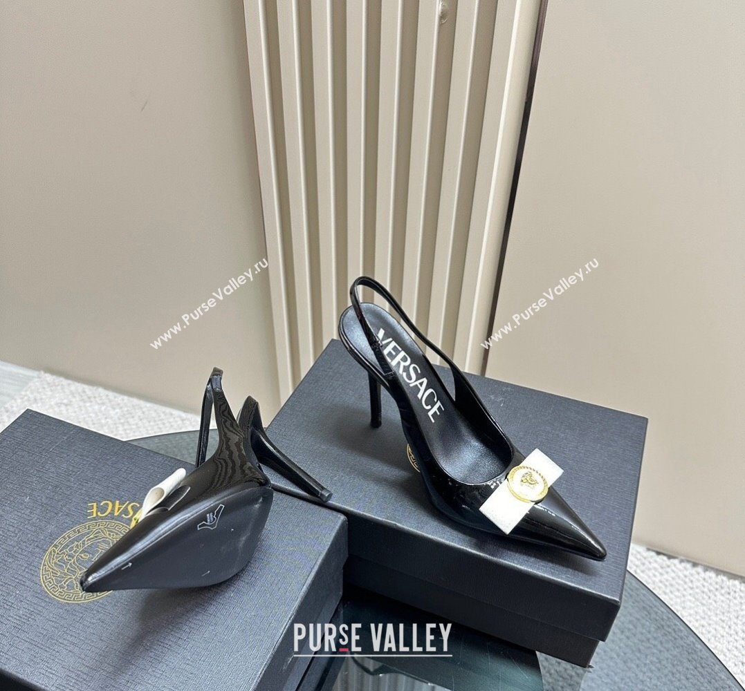 Versace Heel 10.5cm Gianni Ribbon High Slingback Pumps Patent Black/White 2024 (SS-24031109)