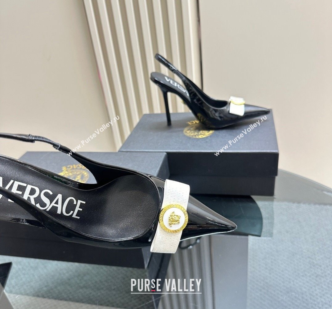 Versace Heel 10.5cm Gianni Ribbon High Slingback Pumps Patent Black/White 2024 (SS-24031109)