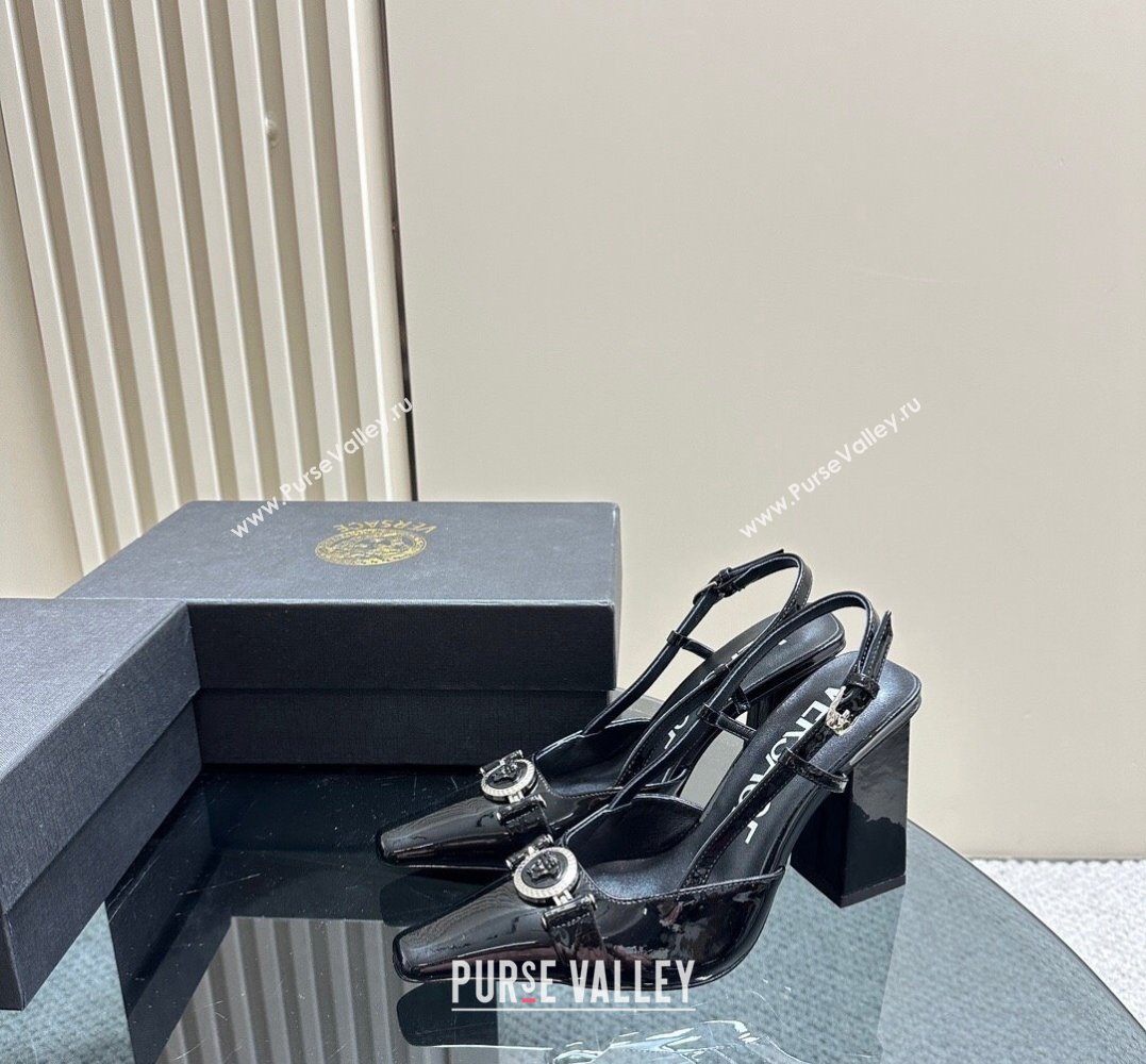 Versace Heel 10.5cm Medusa Buckle High Slingback Pumps Patent Black 2024 (SS-24031110)