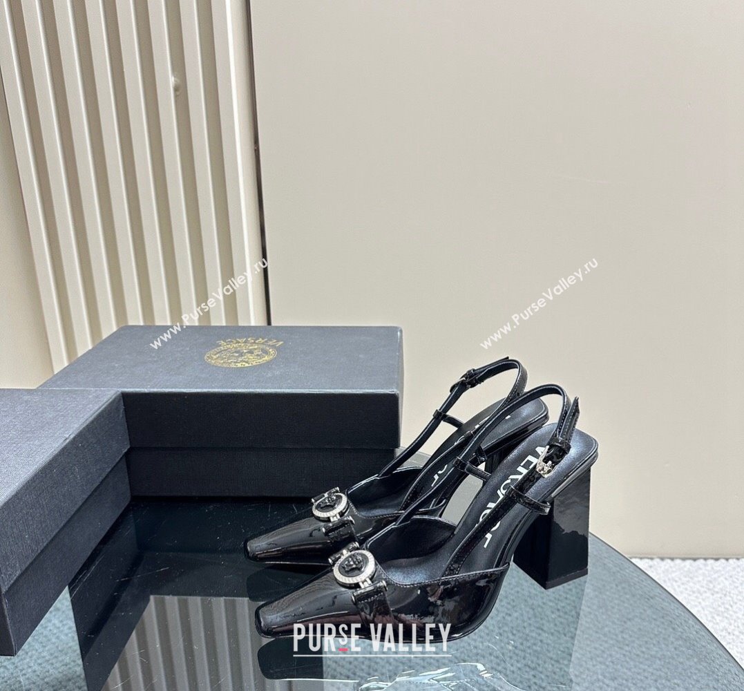 Versace Heel 10.5cm Medusa Buckle High Slingback Pumps Patent Black 2024 (SS-24031110)