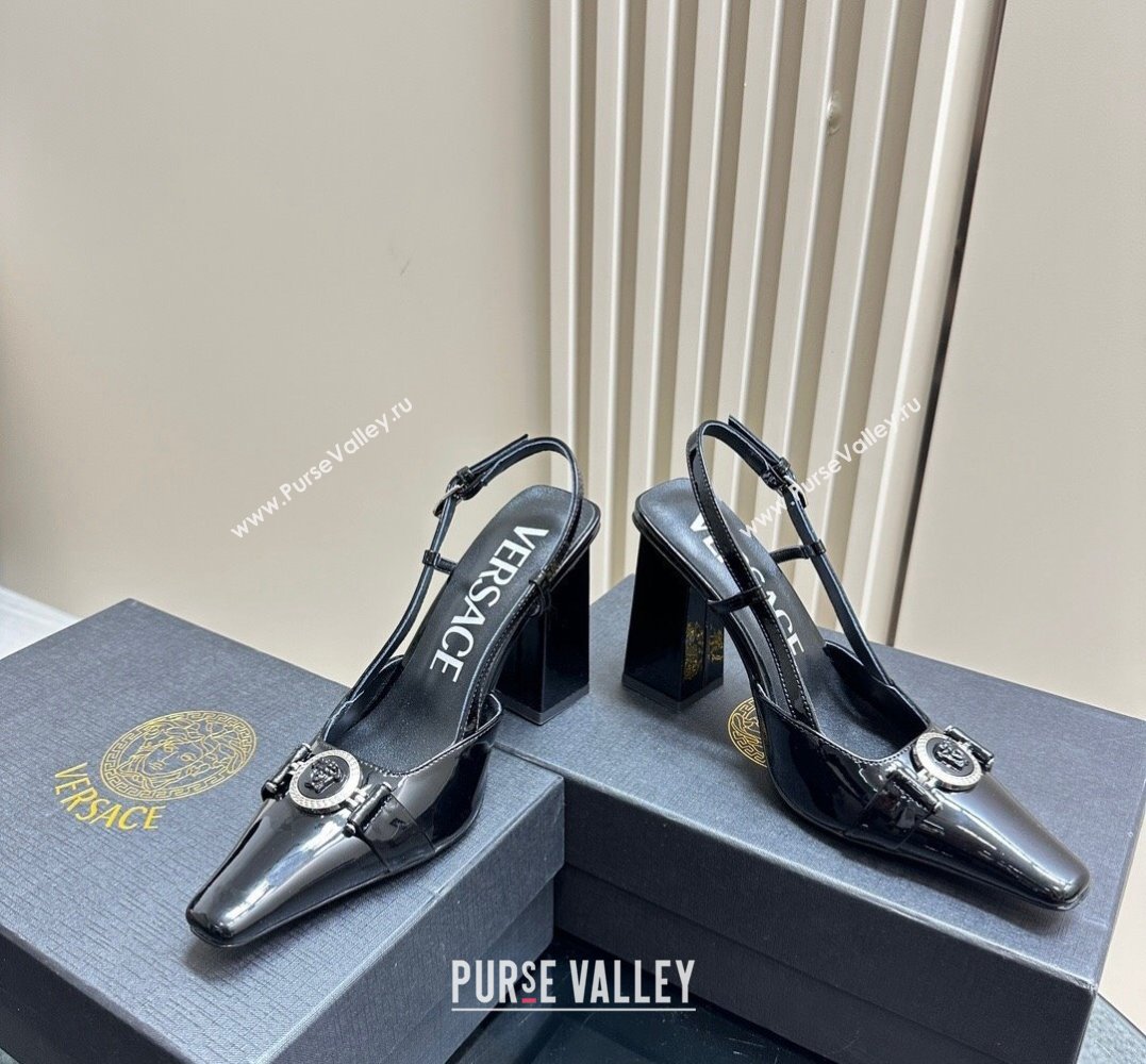 Versace Heel 10.5cm Medusa Buckle High Slingback Pumps Patent Black 2024 (SS-24031110)