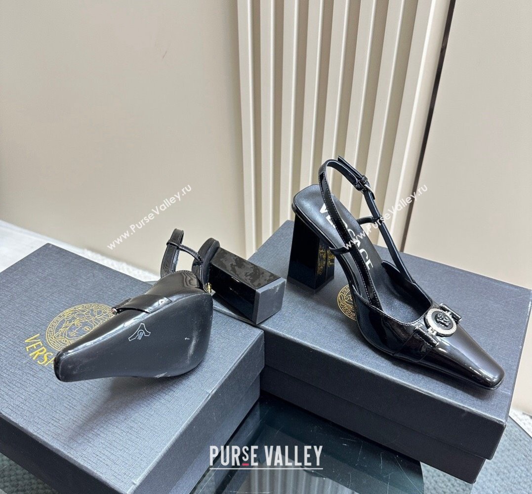 Versace Heel 10.5cm Medusa Buckle High Slingback Pumps Patent Black 2024 (SS-24031110)