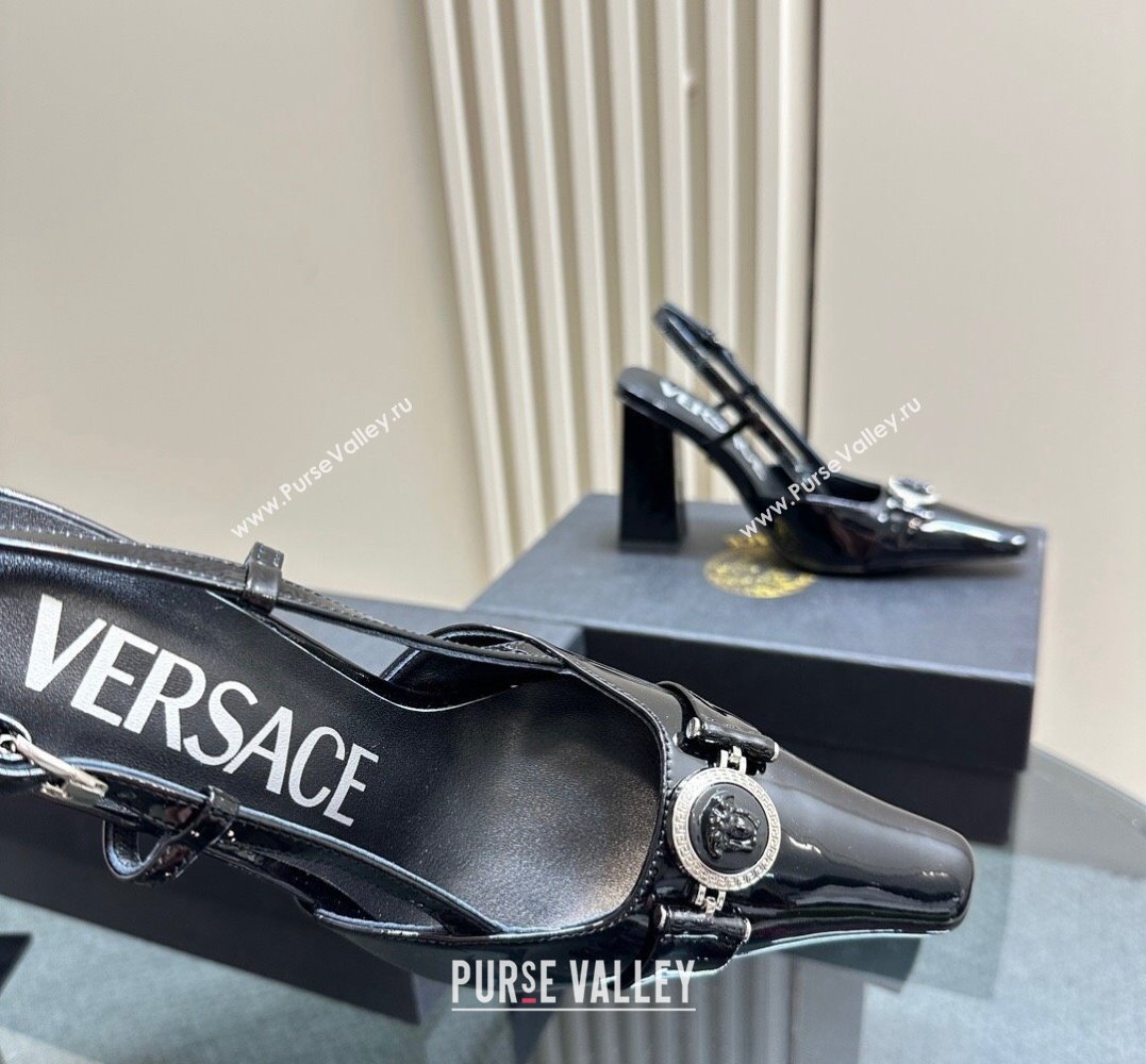 Versace Heel 10.5cm Medusa Buckle High Slingback Pumps Patent Black 2024 (SS-24031110)