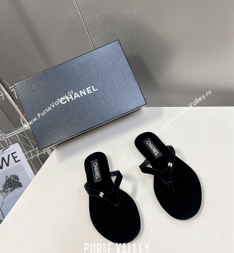 Chanel Crystal CC Logo Thong Sandals Velvet Black 2024 (modeng-24031148)