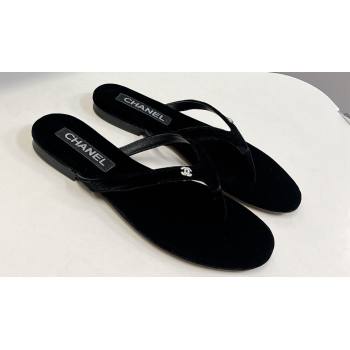 Chanel Crystal CC Logo Thong Sandals Velvet Black 2024 (modeng-24031148)