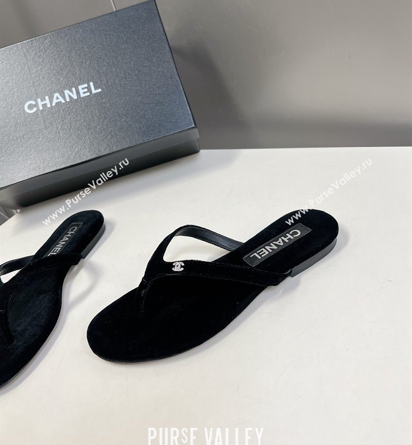 Chanel Crystal CC Logo Thong Sandals Velvet Black 2024 (modeng-24031148)