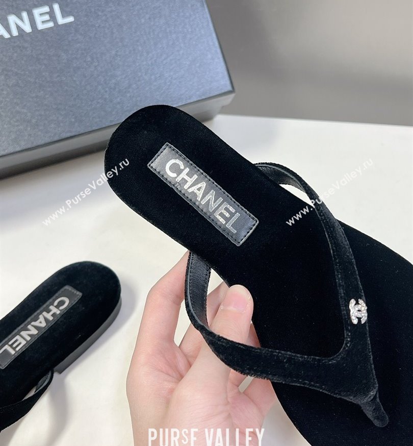 Chanel Crystal CC Logo Thong Sandals Velvet Black 2024 (modeng-24031148)