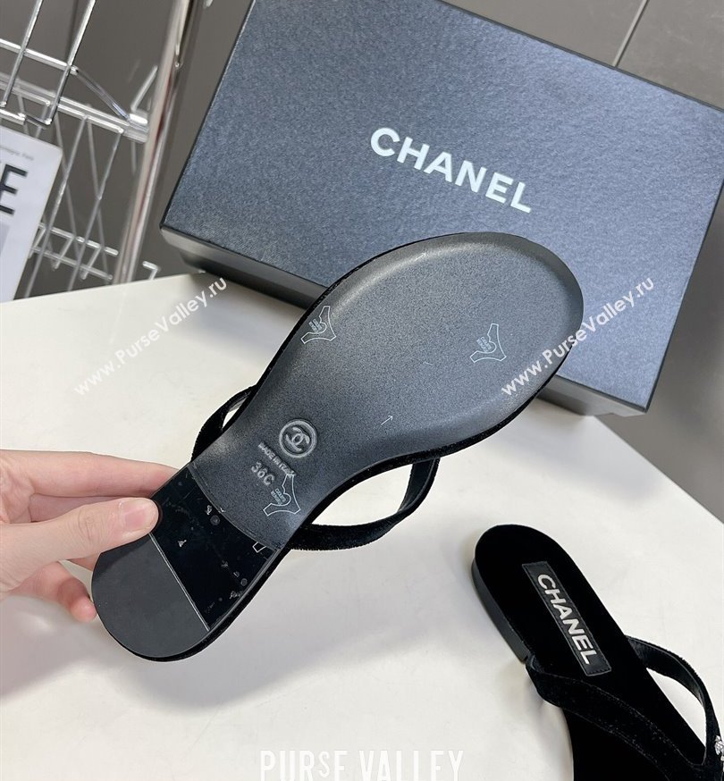 Chanel Crystal CC Logo Thong Sandals Velvet Black 2024 (modeng-24031148)