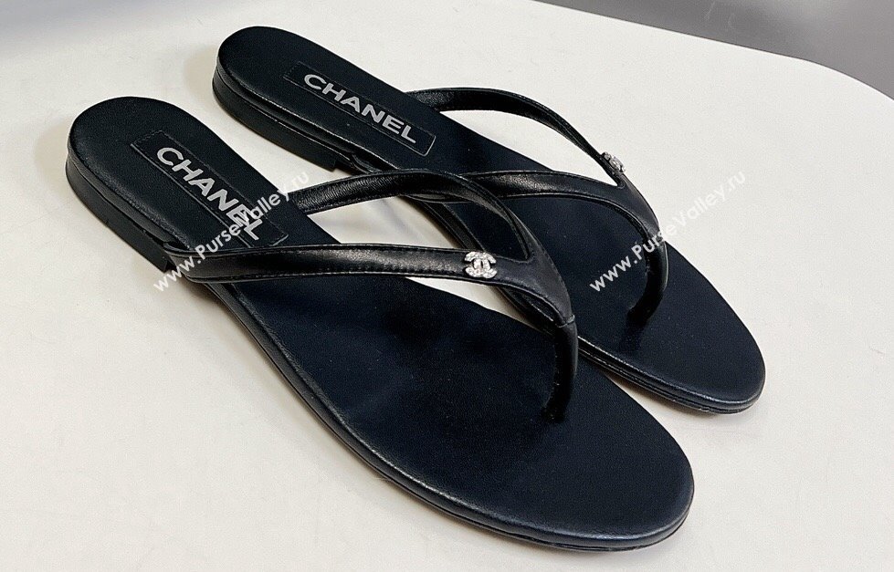 Chanel Crystal CC Logo Thong Sandals Calfskin Black 2024 (modeng-24031150)