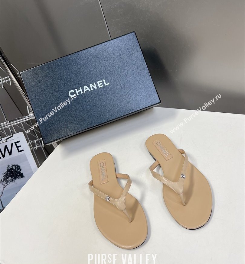 Chanel Crystal CC Logo Thong Sandals Calfskin Beige 2024 (modeng-24031151)