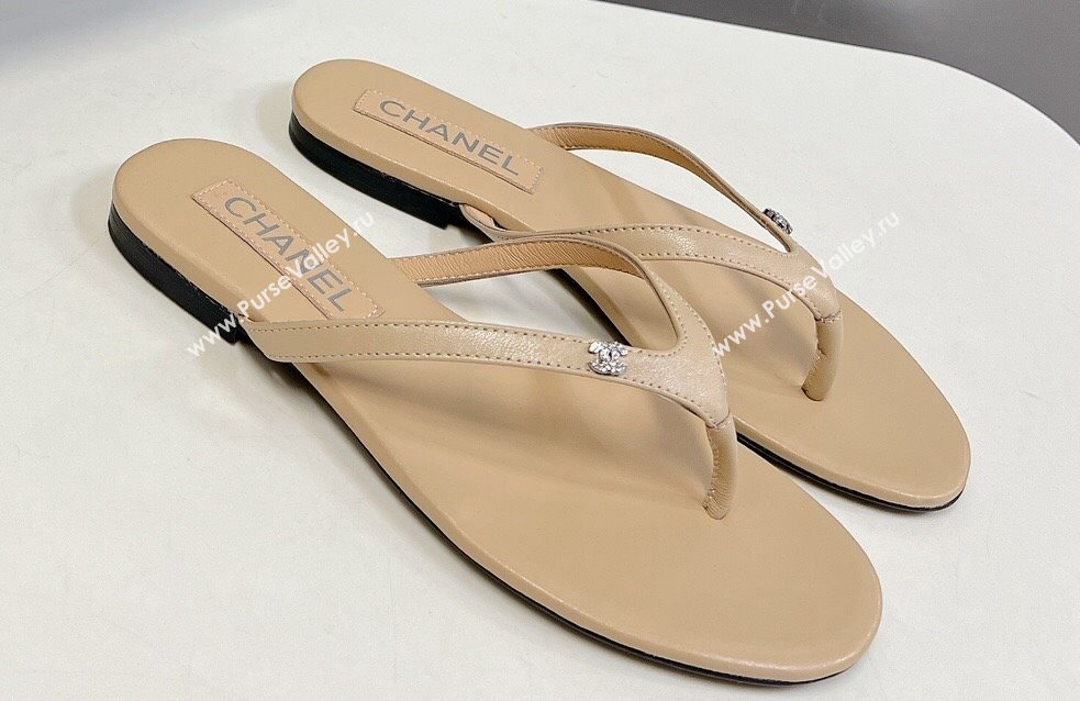 Chanel Crystal CC Logo Thong Sandals Calfskin Beige 2024 (modeng-24031151)