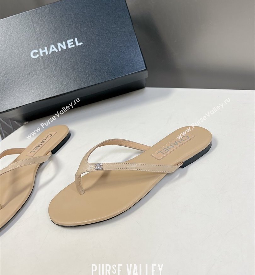 Chanel Crystal CC Logo Thong Sandals Calfskin Beige 2024 (modeng-24031151)