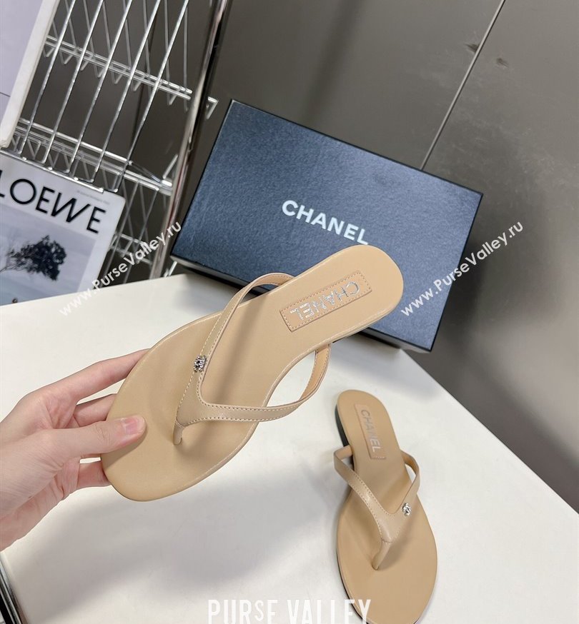 Chanel Crystal CC Logo Thong Sandals Calfskin Beige 2024 (modeng-24031151)