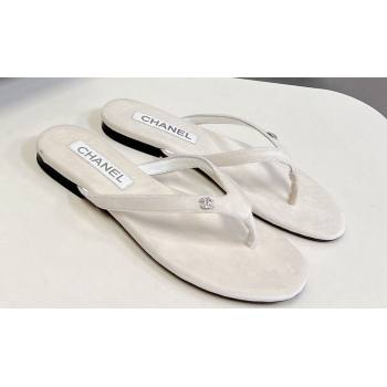 Chanel Crystal CC Logo Thong Sandals Velvet White 2024 (modeng-24031149)