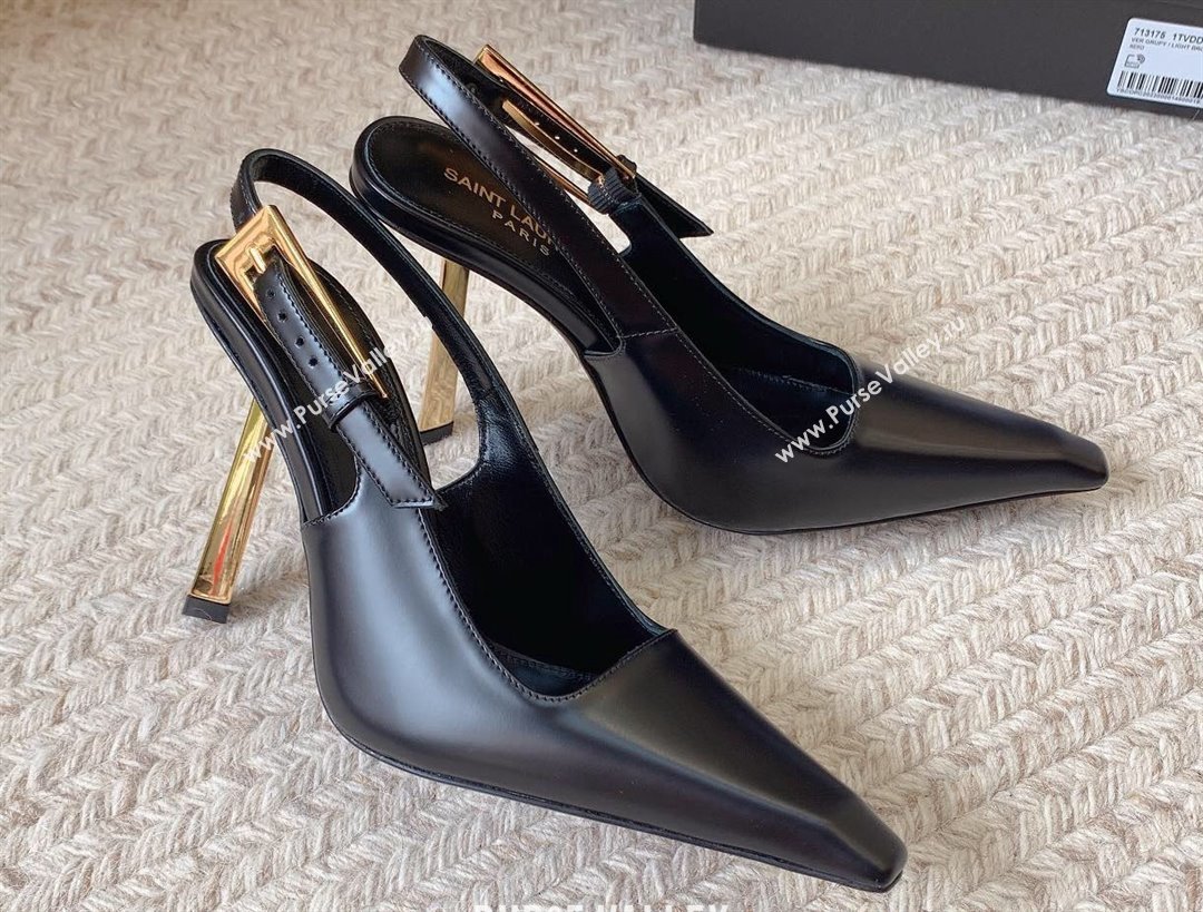 Saint Laurent Heel 11cm lee slingback pumps in glazed leather 763421 Black 2024 (modeng-24032141)