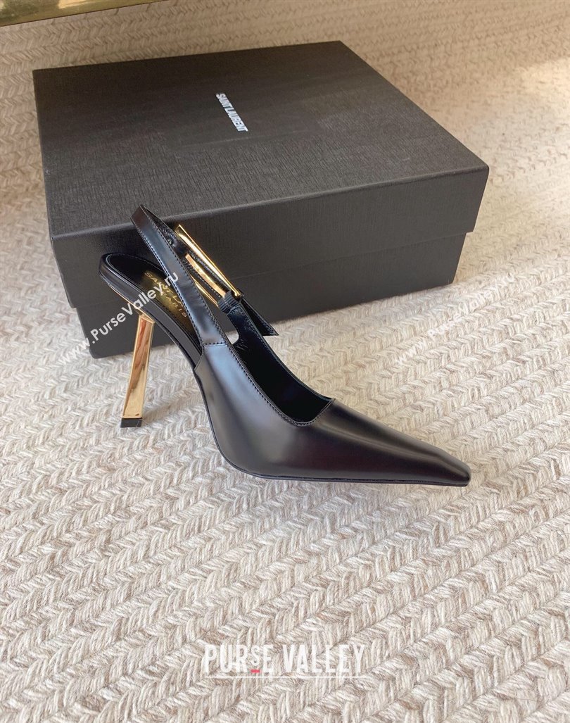 Saint Laurent Heel 11cm lee slingback pumps in glazed leather 763421 Black 2024 (modeng-24032141)