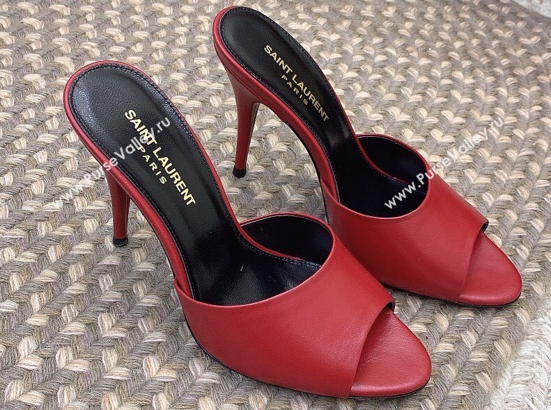 Saint Laurent Heel 9.5cm La 16 Mules in Leather Red 2024 (modeng-24032124)