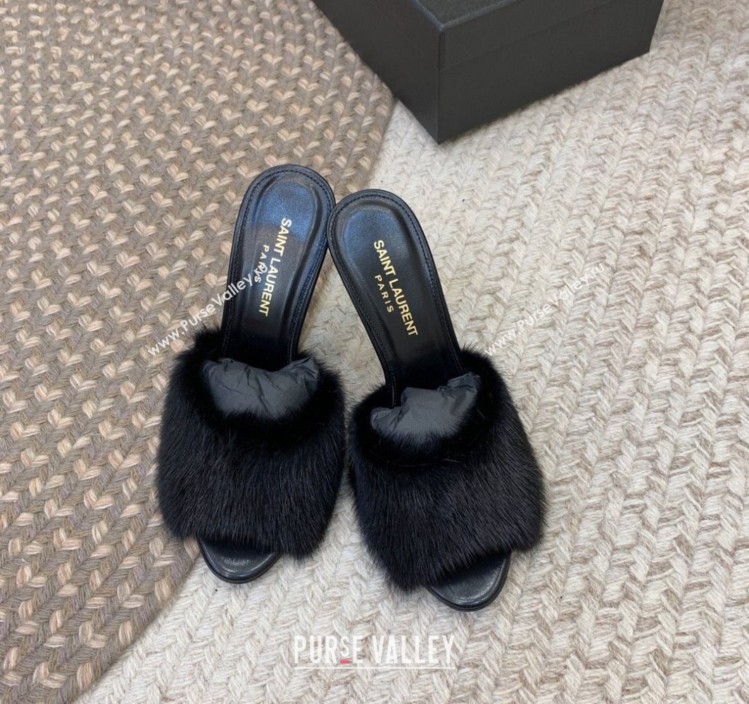 Saint Laurent Heel 9.5cm La 16 Mules in Animal Fur Black 2024 (modeng-24032127)