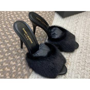 Saint Laurent Heel 9.5cm La 16 Mules in Animal Fur Black 2024 (modeng-24032127)