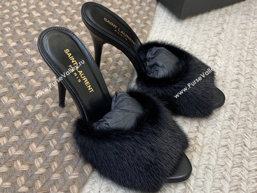 Saint Laurent Heel 9.5cm La 16 Mules in Animal Fur Black 2024 (modeng-24032127)