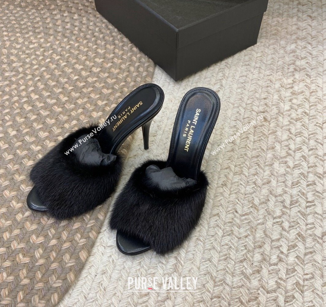 Saint Laurent Heel 9.5cm La 16 Mules in Animal Fur Black 2024 (modeng-24032127)