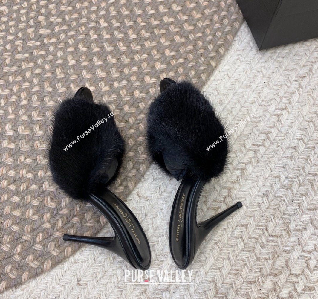 Saint Laurent Heel 9.5cm La 16 Mules in Animal Fur Black 2024 (modeng-24032127)