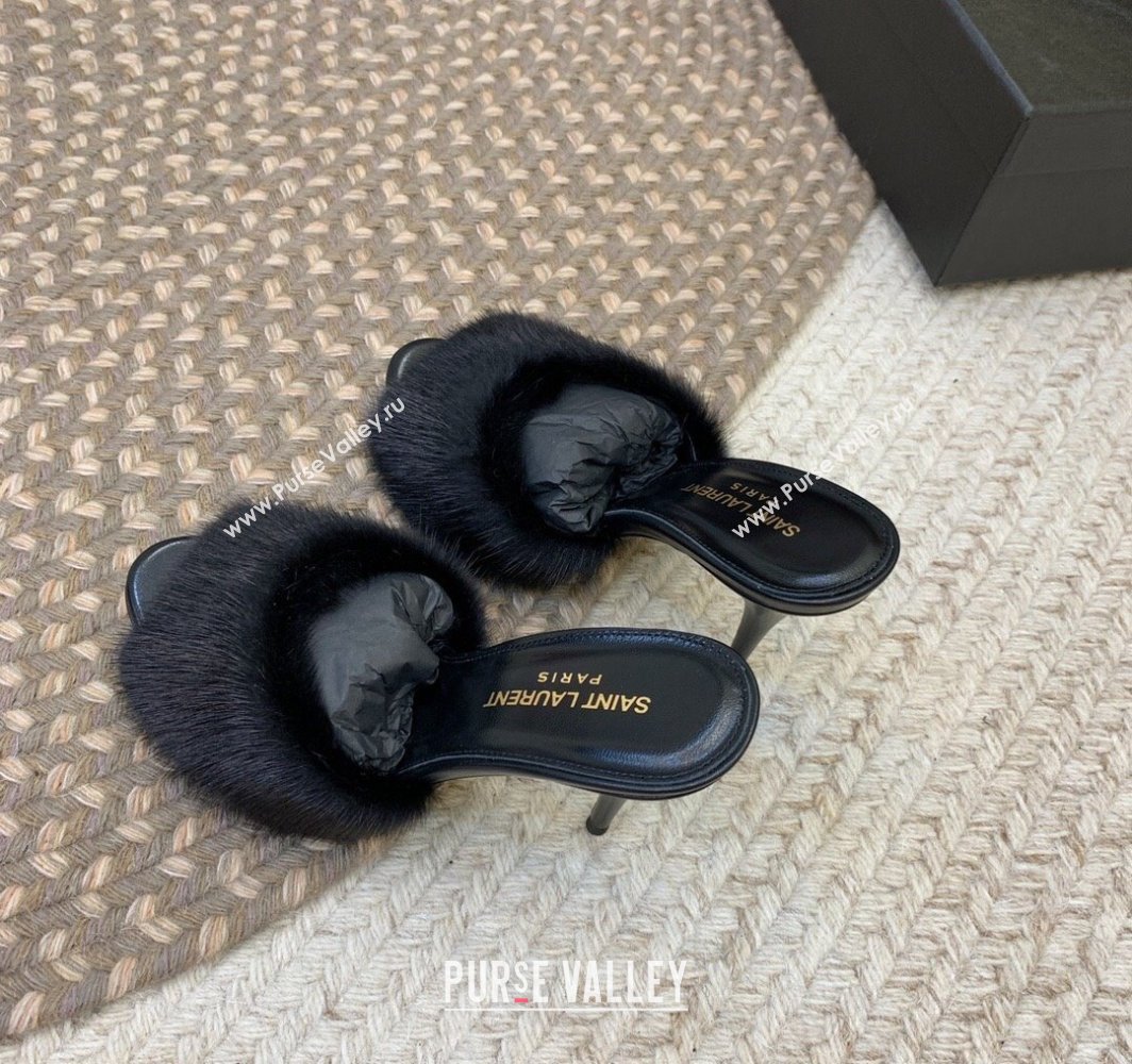 Saint Laurent Heel 9.5cm La 16 Mules in Animal Fur Black 2024 (modeng-24032127)