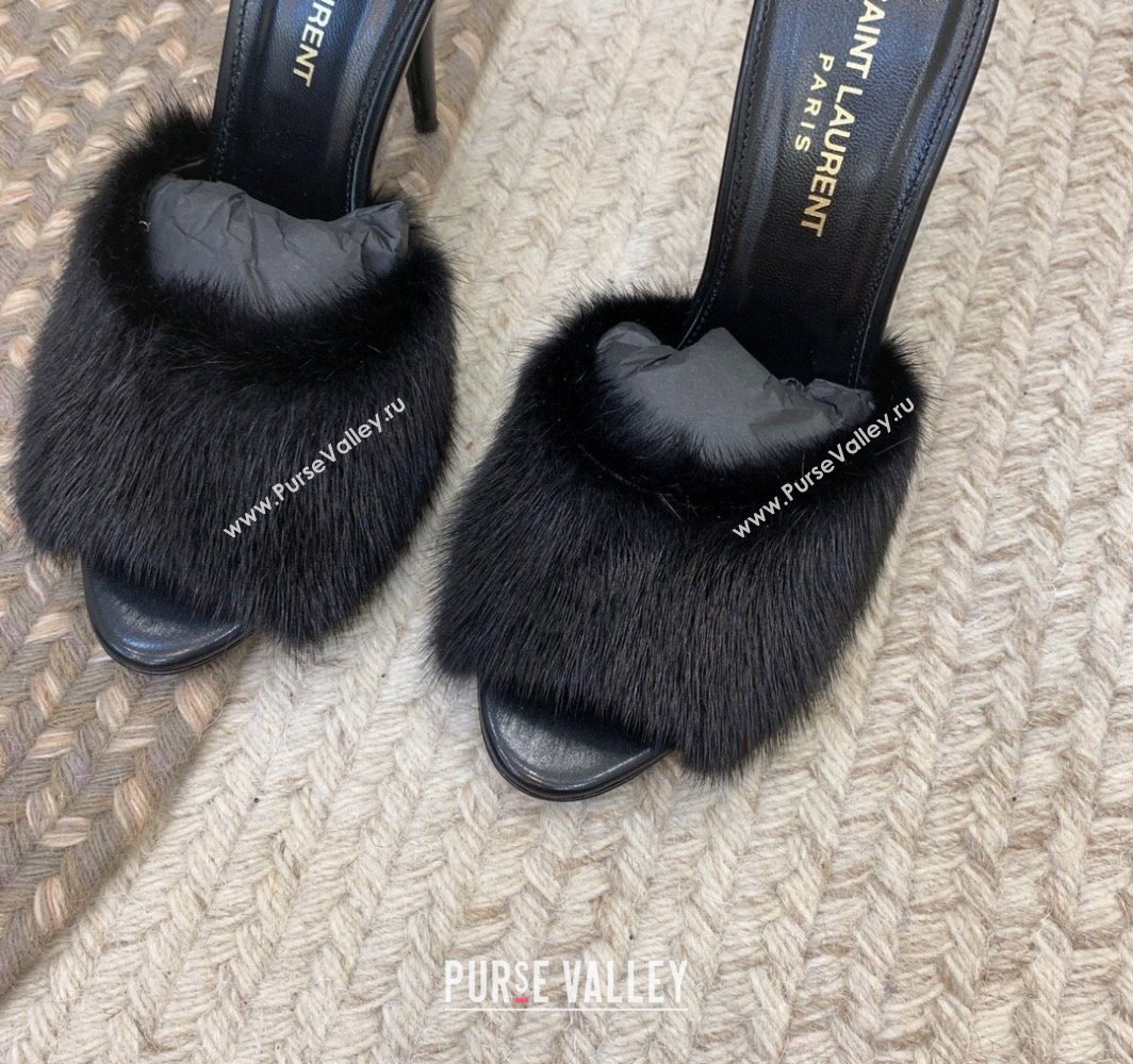 Saint Laurent Heel 9.5cm La 16 Mules in Animal Fur Black 2024 (modeng-24032127)