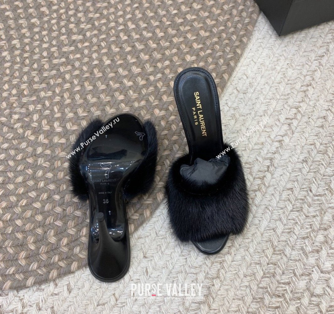 Saint Laurent Heel 9.5cm La 16 Mules in Animal Fur Black 2024 (modeng-24032127)