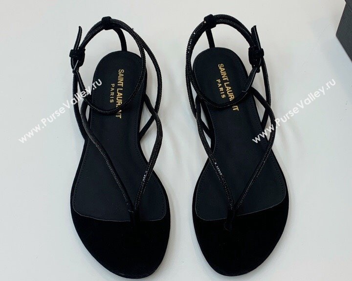 Saint Laurent joni flat sandals in suede and rhinestones Black 2024 (kaola-24032117)