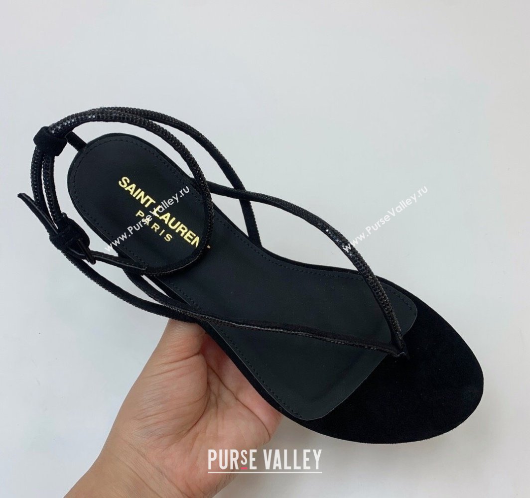 Saint Laurent joni flat sandals in suede and rhinestones Black 2024 (kaola-24032117)