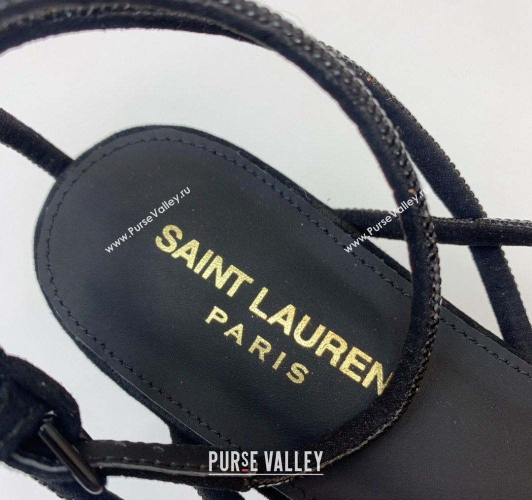 Saint Laurent joni flat sandals in suede and rhinestones Black 2024 (kaola-24032117)