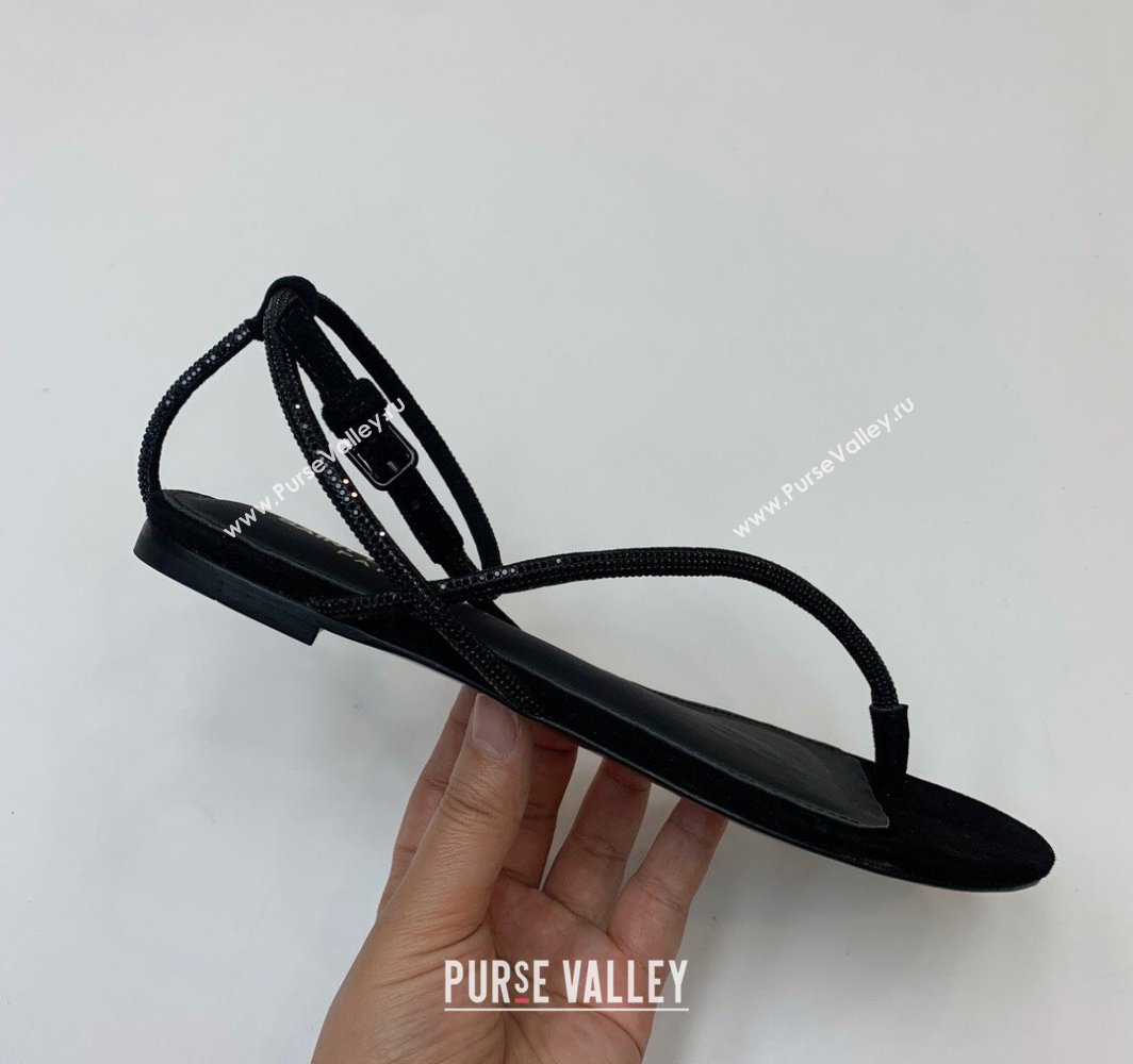 Saint Laurent joni flat sandals in suede and rhinestones Black 2024 (kaola-24032117)