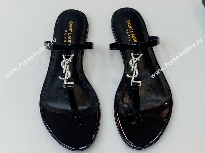 Saint Laurent cassandra slides in patent leather 776081 Black/Crystal 2024 (kaola-24032112)