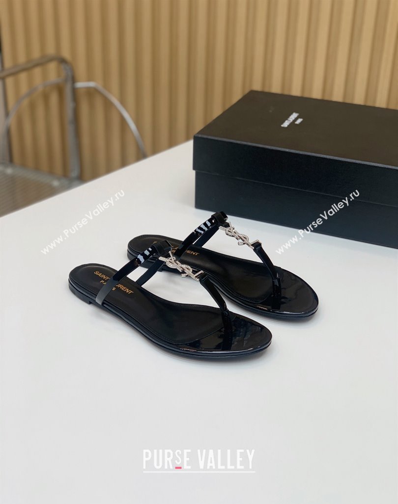 Saint Laurent cassandra slides in patent leather 776081 Black/Crystal 2024 (kaola-24032112)