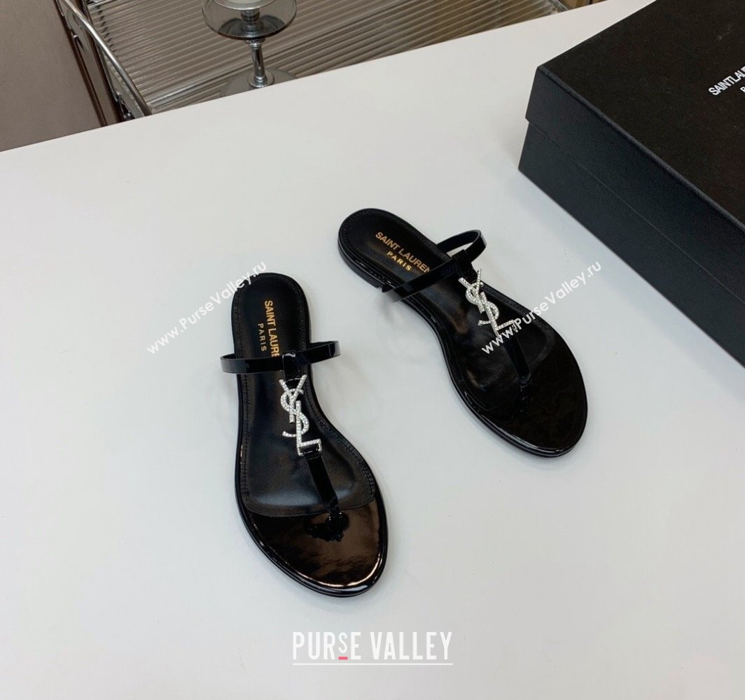 Saint Laurent cassandra slides in patent leather 776081 Black/Crystal 2024 (kaola-24032112)