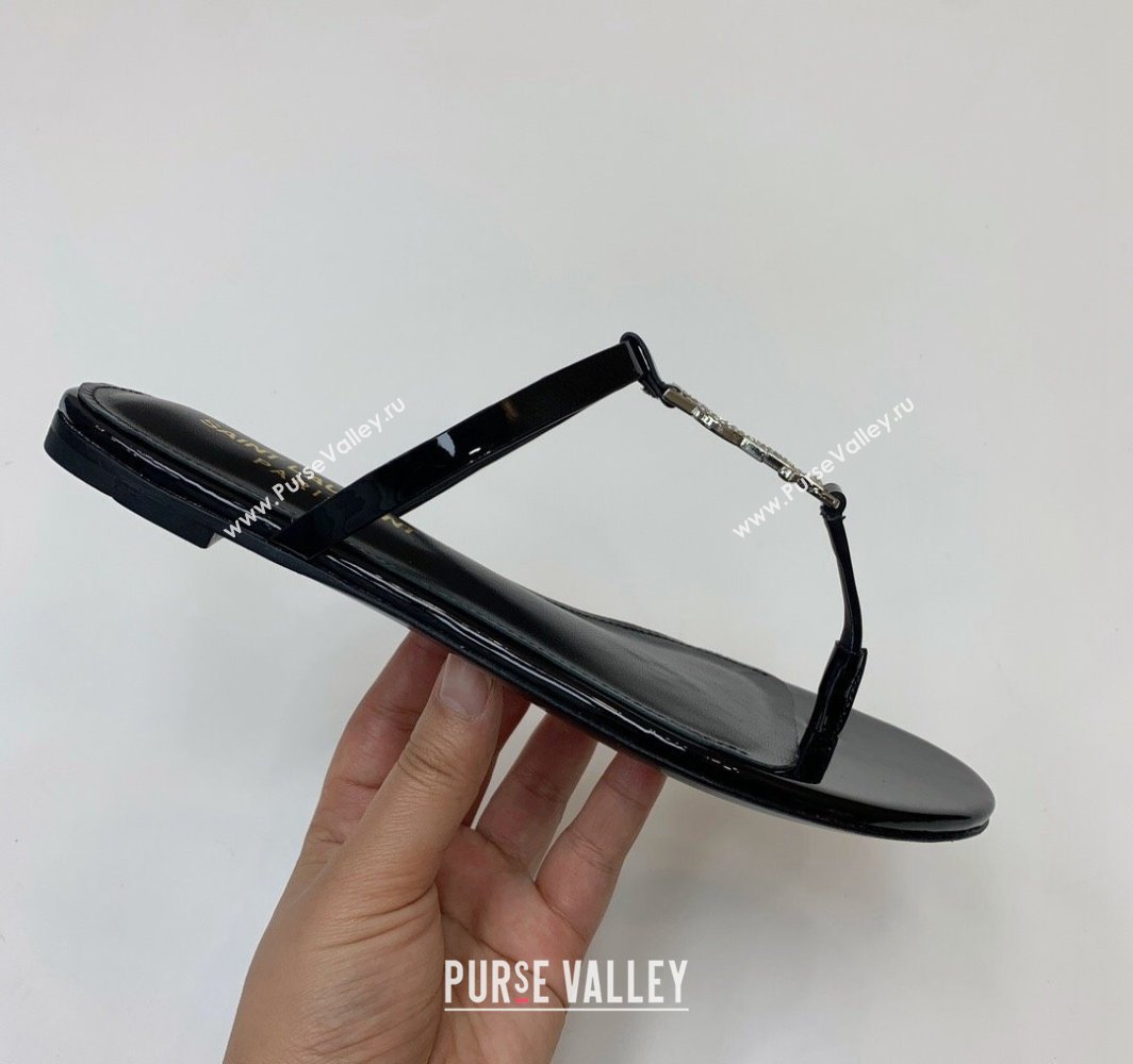 Saint Laurent cassandra slides in patent leather 776081 Black/Crystal 2024 (kaola-24032112)