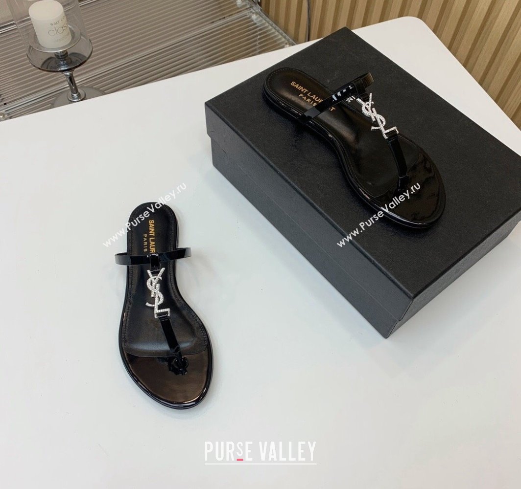 Saint Laurent cassandra slides in patent leather 776081 Black/Crystal 2024 (kaola-24032112)