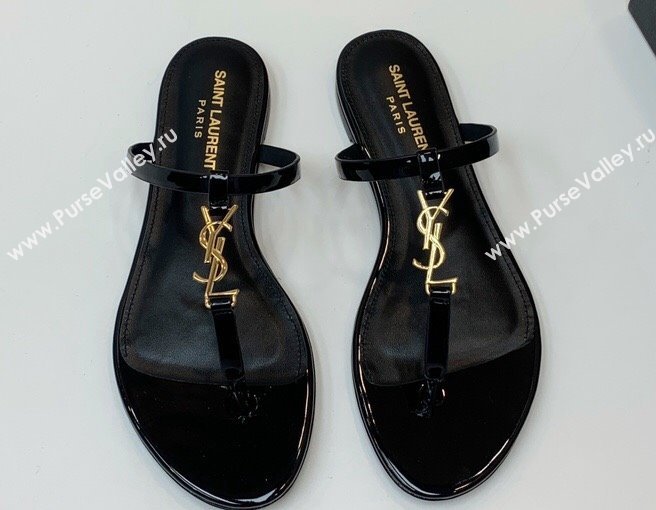 Saint Laurent cassandra slides in patent leather 776081 Black/Gold 2024 (kaola-24032114)